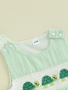 Newborn Boy Turtle Romper Sleeveless Seersucker Stripe Overalls Gingham Plaid Octopus Bodysuit Baby Summer Clothes 3 6 12 18 Months - Green - View 5