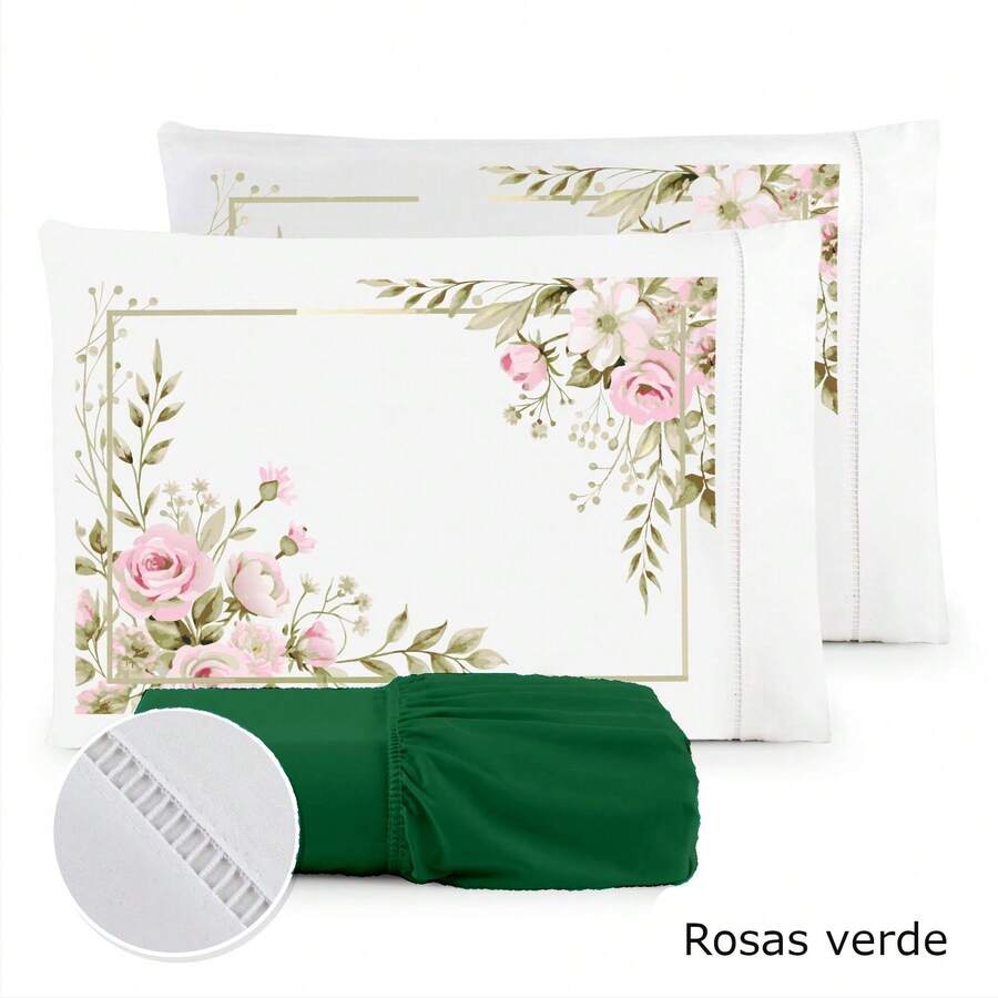 3-Piece Sheet Set 400 Thread Count For Queen King Single Bed Micropercal - Moss-green Roses - View 1