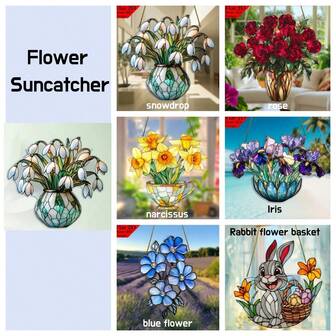 1 pezzo Elegante fiore acrilico Suncatcher - Cesto di fiori vibranti a forma di coniglio, Iris, Rose, Narciso, Fiore blu, Bucaneve con vetro colorato da appendere alla parete con foglie verdi e centri gialli, perfetto per soggiorno, camera da letto, ufficio - aggiunge fascino invernale e bellezza stagionale per San Valentino, Madre, Natale, Pasqua, San Patrizio e laurea, decorazione per la casa per le vacanze