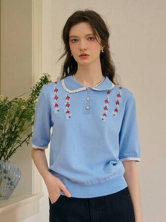 Simple Retro 春夏彼得潘领花卉刺绣修身短款针织开衫