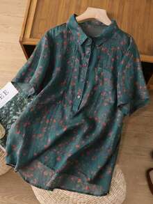Slimming Stand Collar Linen Ditsy Floral Print Short Sleeve Shirt, Petite Stylish Linen Artistic Top - 綠色 - 查看 3