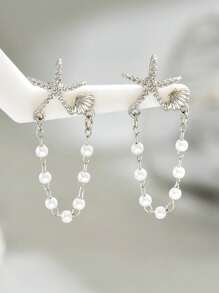 1 par de elegantes y frescos pendientes de mujer, de diseño aleatorio con concha de estrella y perla, pendientes tipo botón versátiles para fiestas, regalos y uso diario