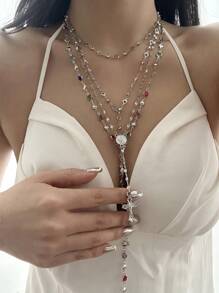 1pc Punk Style Silver Cross & Multi Gemstone Hollow Heart Pendant Y-Necklace, Versatile For Daily, Party, Streetwear