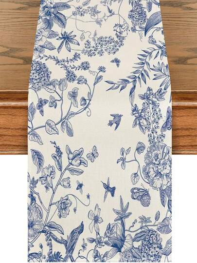 1 件复古素描鸟与花亚麻印花桌旗，家庭聚会装饰，适用于客厅、橱柜、厨房、餐桌