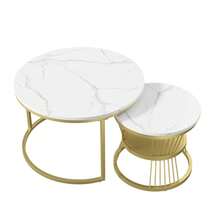 2er Set Nesting Couchtische,Runder Couchtisch für Wohnzimmer,Couchtisch aus Holz mit Metallrahmen,Weiße Tischplatte - Gold - Übersicht 7