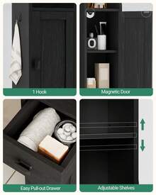 HaluPeit Bathroom Storage Cabinet, Narrow Toilet Paper Storage Cabinet, Tall Toilet Paper Holder With 2 Doors And 1 Drawer, Bathroom Organizer With Adjustable Shelf, 1 Hook For Small Spaces,Home Decor, Black - Black - View 3