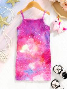 1 件女童可爱休闲彩色独角兽印花柔软防褪色细肩带连衣裙，春夏 - 玫紅色 - 查看 2