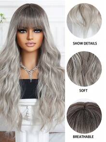 26-Inch Brown Gradient Silver-Gray Wig Long Curly Wavy Wig, Romantic Beautiful Synthetic Heat-Resistant Wig With Fringe Wig For Everyday Life And Parties, Holiday Trips, Music Festivals Holiday Gifts - Gray Ombre - View 8