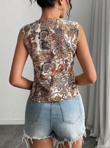 Damen Mode V-Ausschnitt ärmelloses Trägertop, eleganter Retro Paisley Muster Lässig Strickjacke Tanktop, geeignet für Frühling, Sommer, Herbst