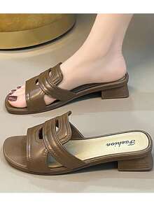 Women's Open Toe Slippers, Fashion Solid Color Chunky Heel Beach Slides - Brown - View 1