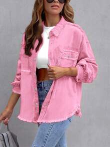 Chaqueta vaquera de botones lavada con agua para mujeres, chaqueta vaquera con bolsillo volcado, manga larga suelta y relajada, chaqueta retro, chaqueta de moda de otoño - Rosa - Ver 4