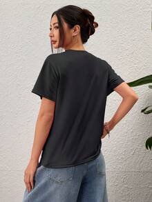 Customized Women's Short-Sleeved T-Shirt, (Fruits/Photos/Friends' Photos/Selfies/Favorite Patterns/Pets, Selfies, Couple Commemorative Photos, Family Photos, Portraits, Flowers, Famous Quotes, Funny Sentences) - Black - View 3