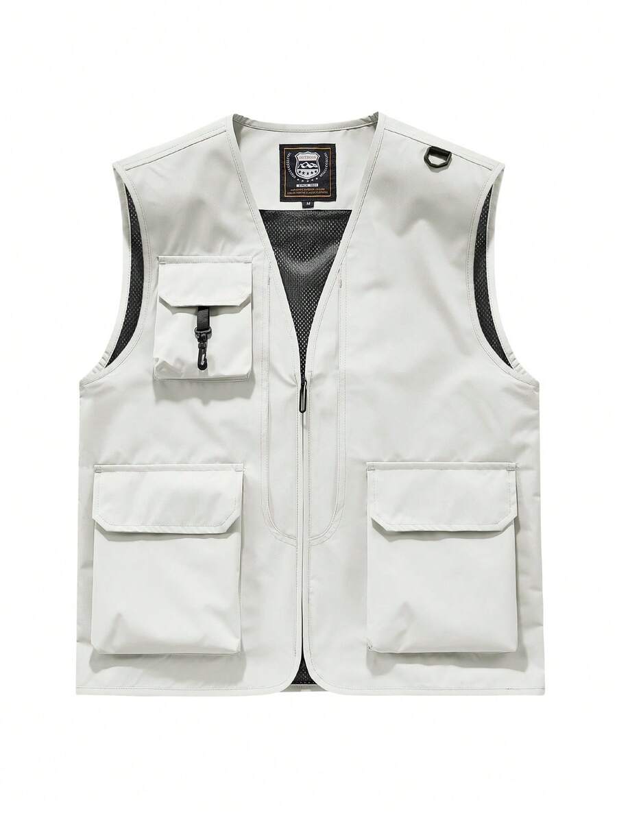 2025 新款夏季高品质男士休闲时尚纯色多口袋钓鱼背心，户外徒步超大口袋男士功能背心 - 白色 - 查看 1