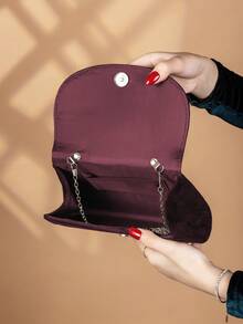 REMANLAND 1pc New Elegant Fashion Burgundy Corduroy Handbag, Wrist Pleated Magnetic Closure Flap Clutch Purse, Suitable For Daily Use, Birthday Party, Wedding For Women, Best Gift For Women - Burgundy - View 6