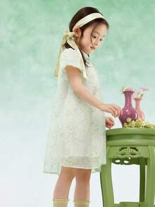 Balabala Vestido de niña con cuello alto bordado, estilo tradicional elegante - tinte verde - Ver 3