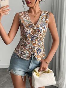 Damen Mode V-Ausschnitt ärmelloses Trägertop, eleganter Retro Paisley Muster Lässig Strickjacke Tanktop, geeignet für Frühling, Sommer, Herbst