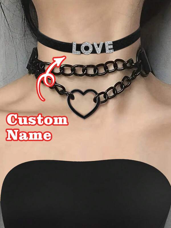 1 Set Damen individueller Halsband-Choker, lässig-punkiger Restriktion Stil, Herz-Ketten-Dekor Kragen, individuell gestaltbarer 5-Buchstaben-Anhänger, modischer und sexy Halskette
