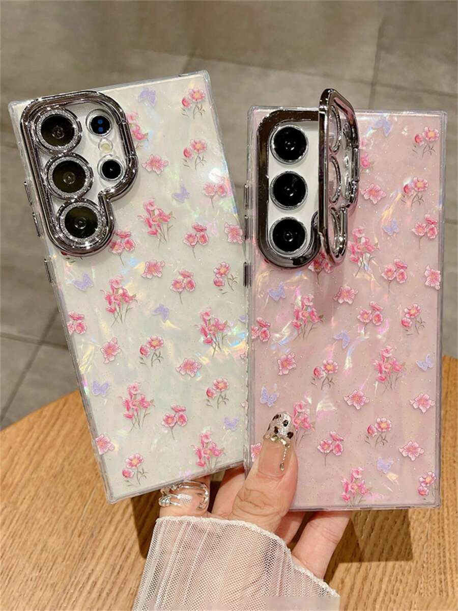 Spring INS Sweet Pink Floral Butterfly Aurora Gradient Shell Pattern Phone Case Compatible With Samsung Galaxy S25 S24 Ultra Plus S23Ultra S25Ultra Luxury Shiny Glitter Camera Lens Bracket Protect Hard Back Cover - Hồng - Xem 1