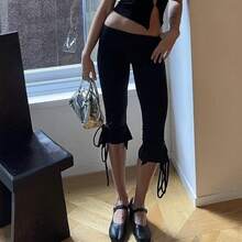 Women Skinny Capri Leggings Bow Tie Up Knee Length Capris Pants Y2k Stretchy Slim Fit Cropped Bloomer Trousers - 黑色 - 查看 2