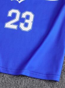 2pcs Boys Athletic Sports Number 23 & Los Angeles Letter Print Solid Tee & Striped Shorts Set, Spring/Summer
