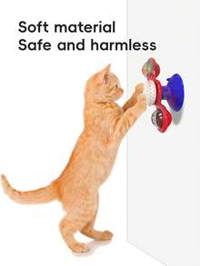 Juguete para gato con base de ventosa, rotación de molinete, tabla de rascado y cepillo, con 2 compartimientos transparentes para contener bolas luminosas, campanas y bolas de menta para atraer gatos/mascotas pequeñas. Mueva suavemente el molinete para que gire.