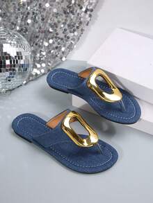 女士豹纹印花一脚蹬人字拖，金属扣装饰舒适平底沙滩凉鞋 - 牛仔藍 - 查看 7