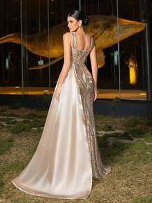 Faeriesty Luxury Metallic-Sequin Evening Gown With Heart-Shaped Neckline & Delicate Ruffle Accents, High Slit, Dramatic Side Train, Elegant Mermaid Silhouette – Perfect For Galas, Red Carpet Events, Award Ceremonies, High-Profile Weddings - Champagne - View 3