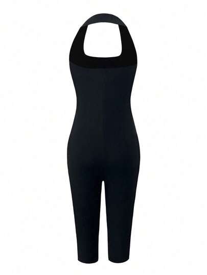 VIVINA Women's Solid Color Minimalist Casual Sports Square Neck Backless Fitted Jumpsuit, Summer Outfit Black Elegant