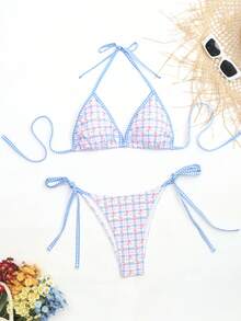 女士性感可爱格子玫瑰印花比基尼两件套，适合夏季海滩度假