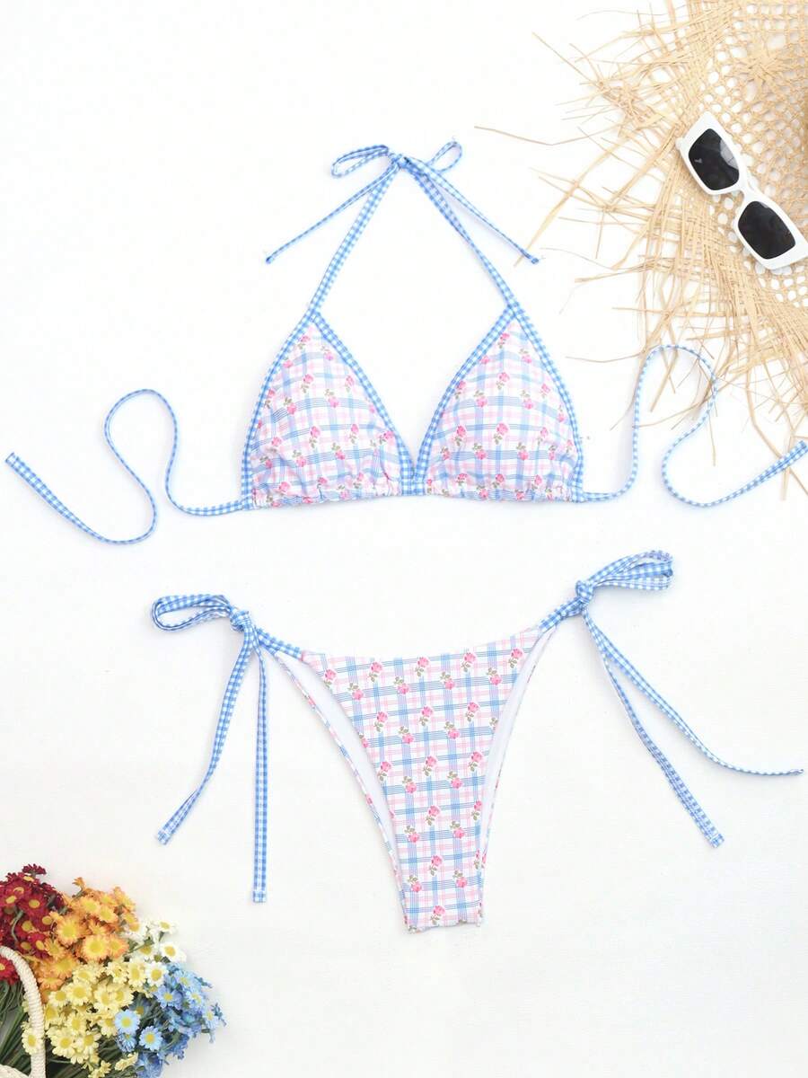 女士性感可爱格子玫瑰印花比基尼两件套，适合夏季海滩度假