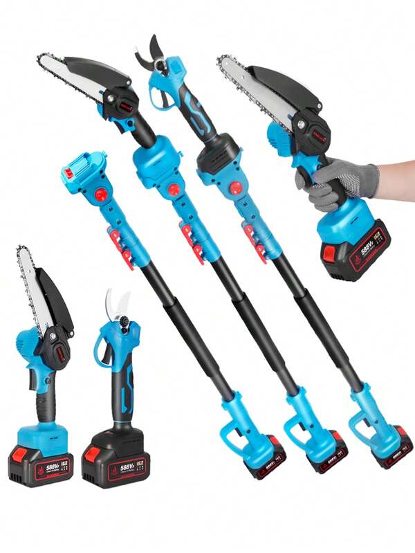 ONEVAN Ensemble de scie à perche télescopique et de sécateurs sans balais, tronçonneuse électrique 3 en 1, ciseaux de scie électrique sans fil, sécateurs, ensemble d'outils d'élagage de jardin