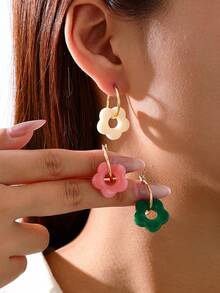 3 Pairs Fashionable Colorful Acrylic Flower & Geometric Hoop Earrings With Tassels, Elegant Earring Sets For Women, Suitable For Daily Commute, Travel, Gifts, Dates, Parties, Beach Vacation