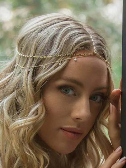 1pc Gold Fashionable Bohemian Style Headchain, Elegant Alloy Chain With Rhinestone Pendant Decor, Suitable For Women Holiday, Party And Daily Jewelry Wear