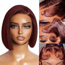 Peluca Bob de cabello humano 13x4 HD transparente con encaje frontal, densidad del 180 %, pelucas de cabello humano liso con encaje frontal, prearrancadas con cabello de bebé - SRed B - Ver 2