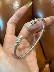 1 件独特珍珠和编织水钻镶嵌手链，精致奢华月光设计，适合女性日常、节日、派对、母亲节礼物 - 銀色 - 查看 3