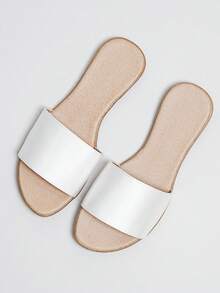 Sandalias planas para mujer,acabado metálico, uso diario casual con punta abierta, chanclas planas para sesión de fotos en la playa, sandalias con tiras azules, sandalias de mujer, zapatos de mujer, chanclas de mujer, sandalias doradas, zapatos de verano - Blanco - Ver 1