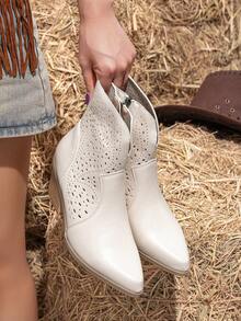 Women's Western Boots Hollow Breathable Autumn Sexy Cowgirl Ankle Boots Side Zipper Casual Boots, Black - Apricot - View 1