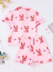 Conjunto de pijama de 2 piezas para niña, con cárdigan de manga corta para verano y pantalón corto con estampado adorable de perrito con forma de corazón, ropa de estar en casa ligera