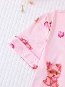 Conjunto de pijama de 2 piezas para niña, con cárdigan de manga corta para verano y pantalón corto con estampado adorable de perrito con forma de corazón, ropa de estar en casa ligera