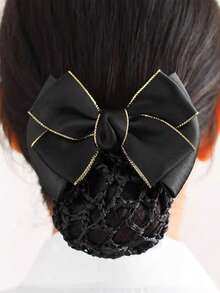 1 件金边蝴蝶结头饰，女士专业装饰发网，工作制服发髻套，发饰发夹发髻制作器发型夹 - 黑色 - 查看 1
