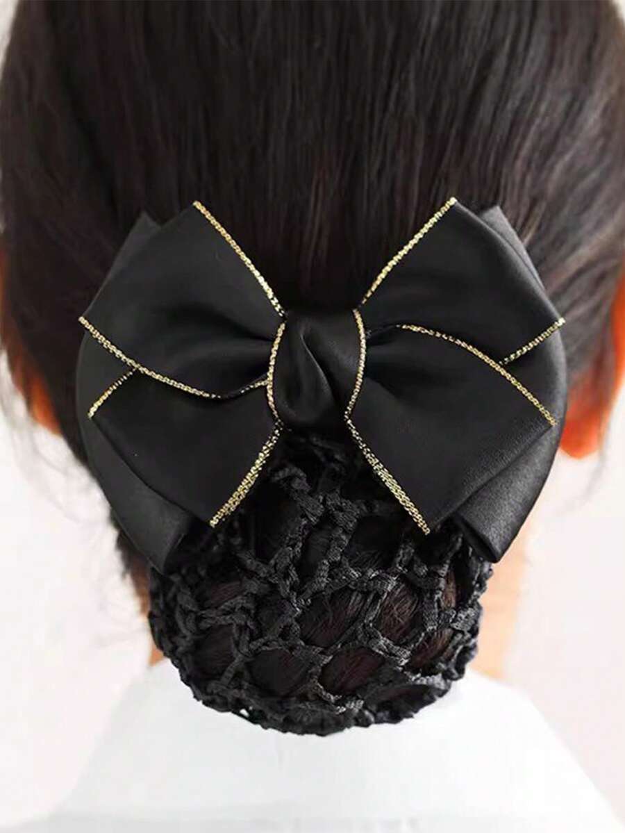 1 件金边蝴蝶结头饰，女士专业装饰发网，工作制服发髻套，发饰发夹发髻制作器发型夹 - 黑色 - 查看 1
