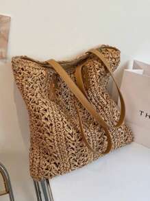 1 bolsa feminina feita à mão, grande capacidade, nova bolsa de ombro moderna com cores contrastantes, bolsa tote de palha versátil para deslocamento diário. Adequado para festas, reuniões, presentes, presentes de aniversário e deslocamentos diários