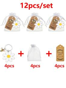 12pcs/3pcs Bee And Sunflower Keychain Gift Set - Cute Party Gift Return Sets Include, Stainless Steel Keychain, Organza Bag , Thank You Tags ,Suitable For Wedding, Bridal, Bachelorette Celebrations,Mother's Day Gifts,