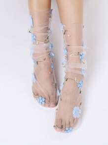 New Lace Mesh Mid-Calf Socks, Sweet Floral Net Fashionable Stack Socks For Women, Casual Summer
