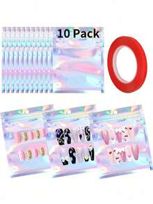假指甲收纳袋，空全息指甲收纳袋，按压式指甲包装袋，指甲饰品收纳袋，珠宝收纳袋，容器，指甲贴片包装袋（含1卷透明胶带），多功能收纳袋，指甲粉收纳袋，闪粉收纳袋，美甲工具收纳袋，5/10/20个装 - 彩色 - 查看 3