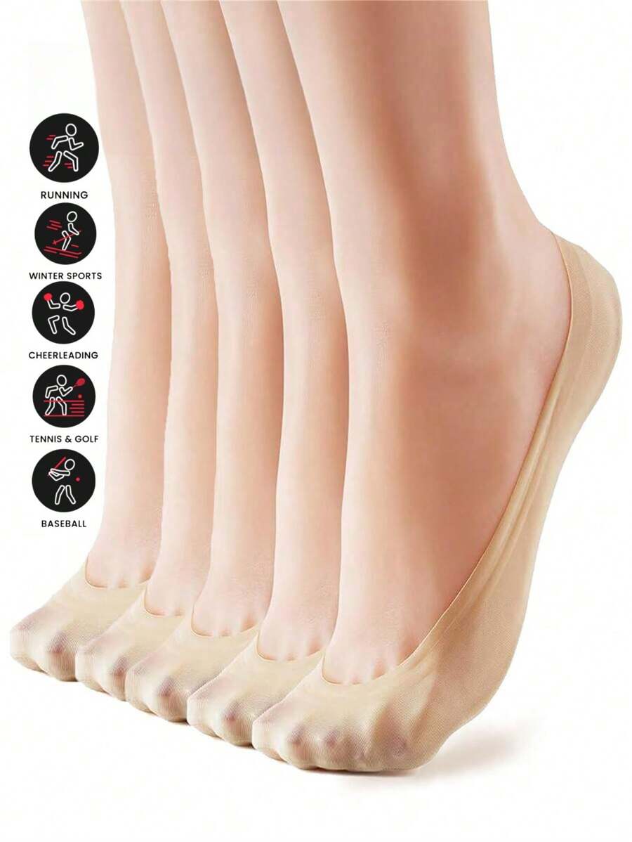 5 Pares de Calcetines invisibles de mujer de nailon delgado y ligero en color nude, calcetines forro, sin mostrar, antideslizantes, adecuados para negocios, uso casual y varios tipos de zapatos como zapatos planos, tacones altos, zapatos de penny y tenis, excelentes para el trabajo, compras, caminar, fiestas y uso diario en casa.