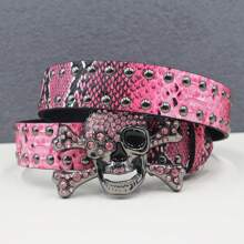 BIG Skull Rhinestone Belt Western Cowboy Style Men Belt Punk Rivet Jeans Belts NEW Metal Rivet Cowboy Belt Snake Pattern Summer, School Autumn-Winter Accessories,Suitable For Teens, Youth,Men,Casual, Outdoor, Athletic, Vacation, Graduation Gifts, Birthday, Daily Wear