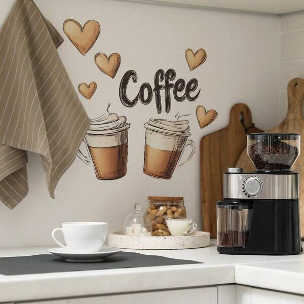 1 Peça Adesivo de Decoração de Parede Copo de Café em Aquarela com Coração, Adesivos de Decoração de Casa e Quarto