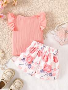2pcs Baby Girls Casual Bow Ribbed Top And Sunflower Shorts Set