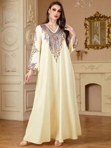 Women's Elegant Embroidered Patchwork V-Neck Long Sleeve Arabic Style Dress, Modest Kaftan - Apricot - View 1